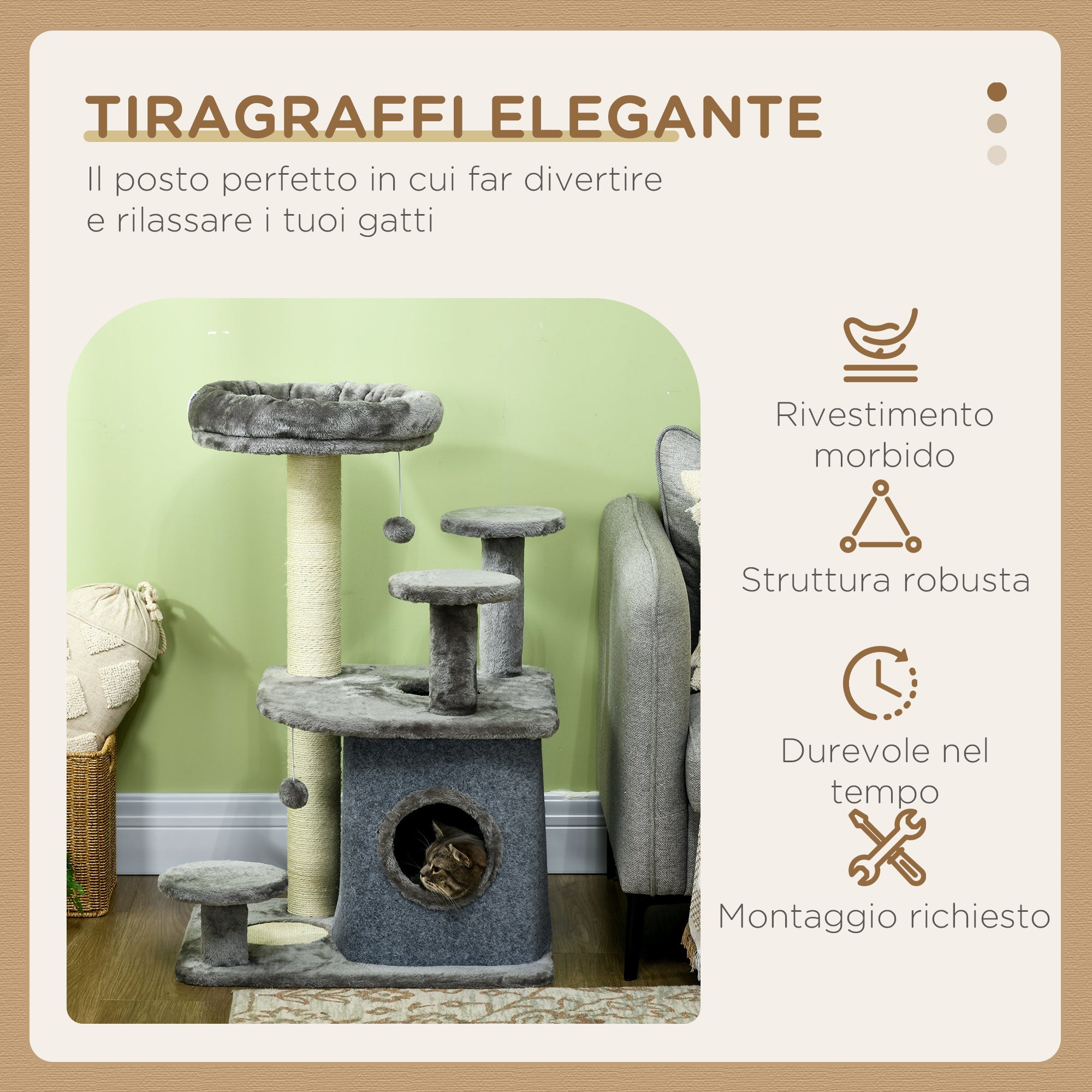 Tiragraffi per Gatti Albero con Lettino e Casetta 60x48x92 cm in Sisal e Peluche Grigio
