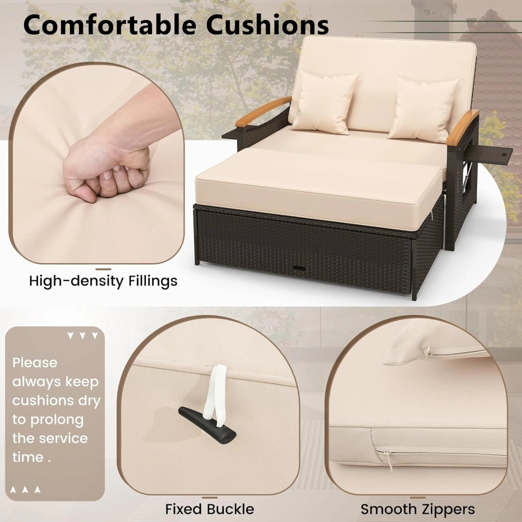 Divano da Giardino in Rattan a 2 Posti con Funzione Allungata, Set di Mobili in Rattan con Sgabello, Doppia Sedia a Sdraio per 2 Persone, 3 Colori (Cuscino Beige)