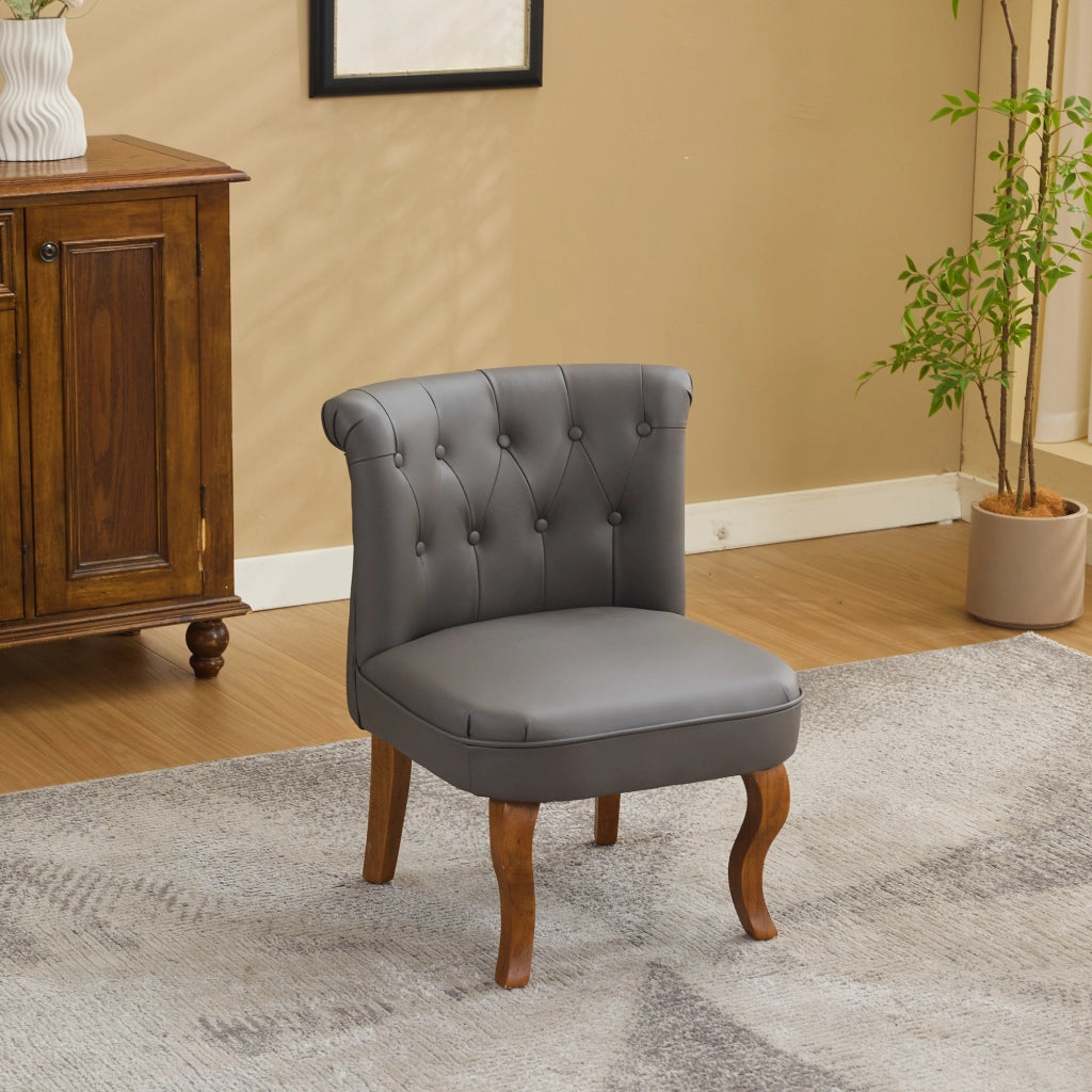 Sedia da pranzo in pelle pieno fiore con bottoni decorativi e gambe in legno massello, grigio 64 × 59 × 50 cm