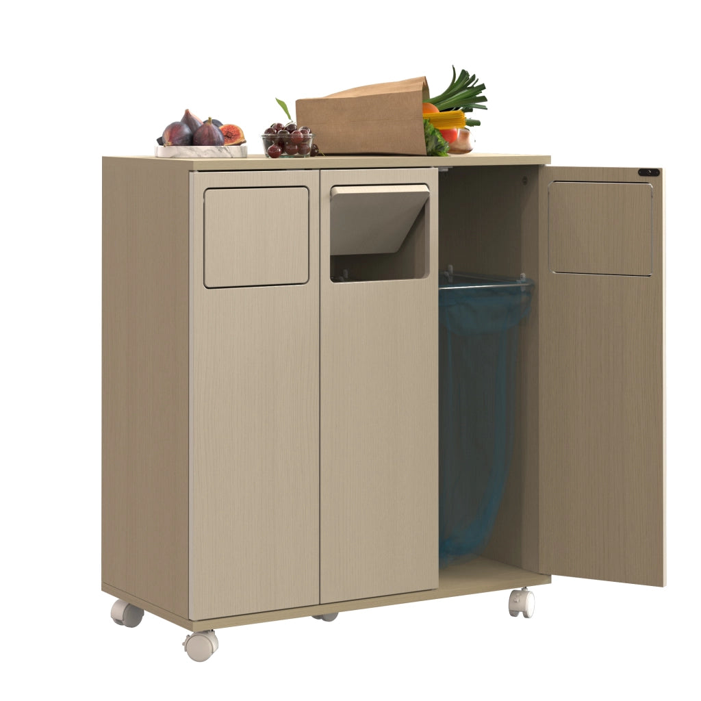Armadio porta rifiuti a 3 scomparti su ruote, effetto legno chiaro, 69,3x35x80 cm