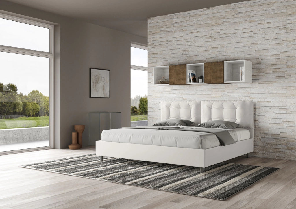 Letto Matrimoniale King Size 200x200 cm Senza Rete Testata con Cuscini Imbottito in Similpelle Annalisa Large Bianco