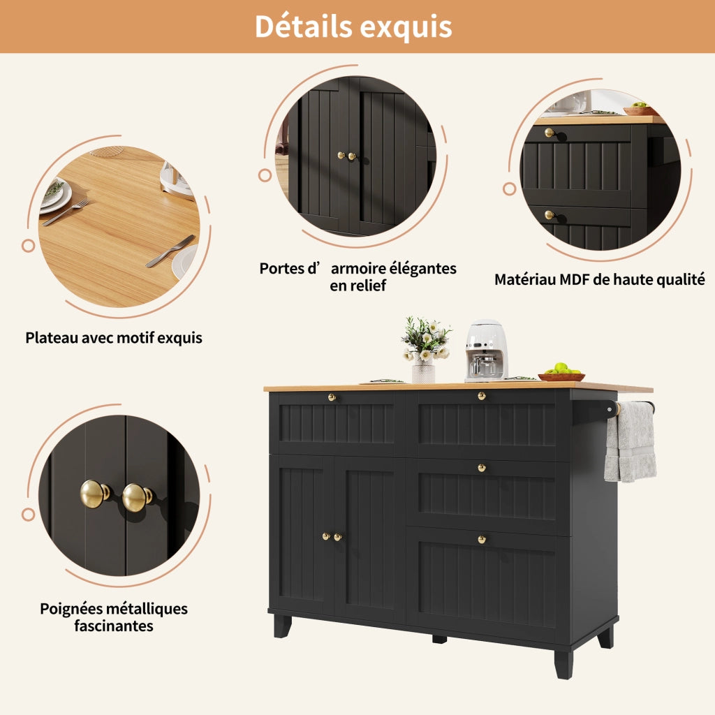 Carrello da Cucina con Piano Ribaltabile; Ruote e Piedini Regolabili per Cucina e Sala da Pranzo in MDF Nero