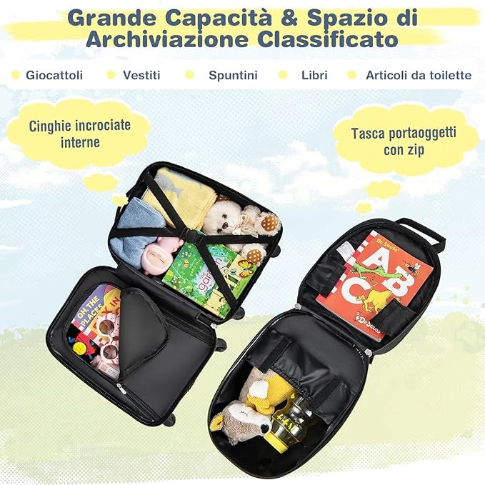 Set di Valigia per Bambini, 16" Valigia+ 12" Zaino, 2 Pezzi, con Ruote Girevoli a 360° e Maniglia Retrattile, Ideale per Viaggiare in Modo Comodo e Divertente (Modello 22)