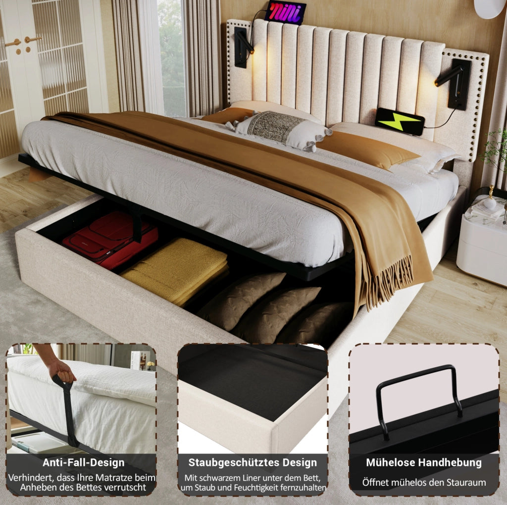 Letto imbottito 140x200 cm beige con contenitore, luce e USB-C