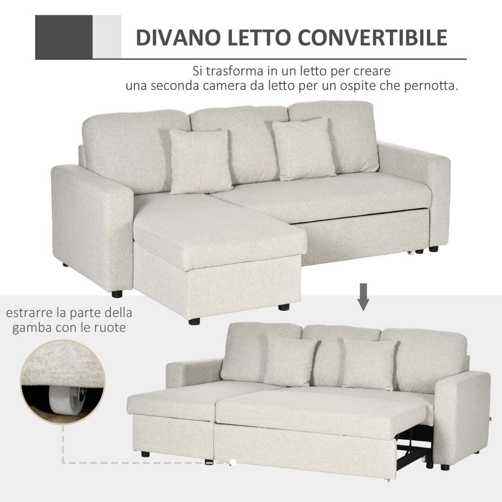 Divano Letto Angolare con Seduta 2 Posti e Penisola, Vano Contenitore e 2 Cuscini in Tessuto, Crema
