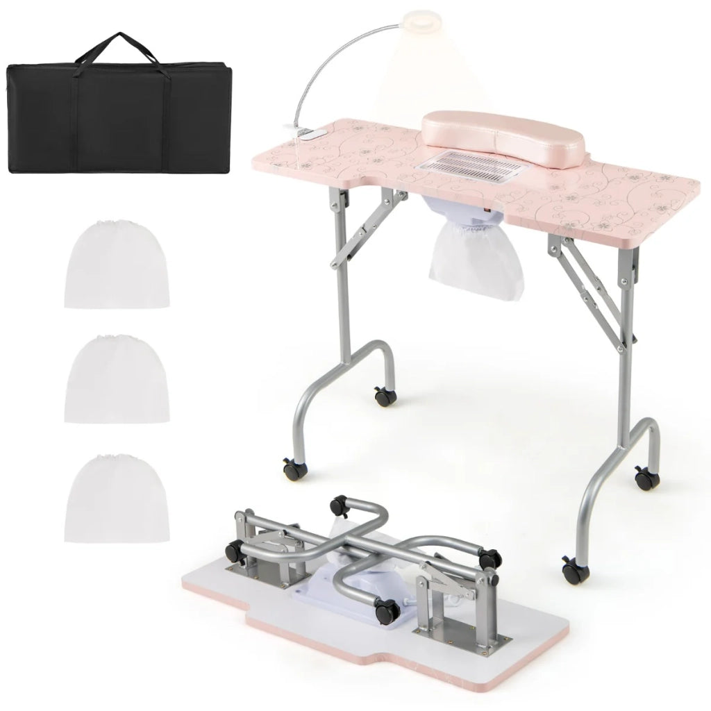 Tavolo manicure pieghevole 90 x 40 x 77 cm con raccoglipolvere e lampada LED design scandinavo in rosa 20_0018578