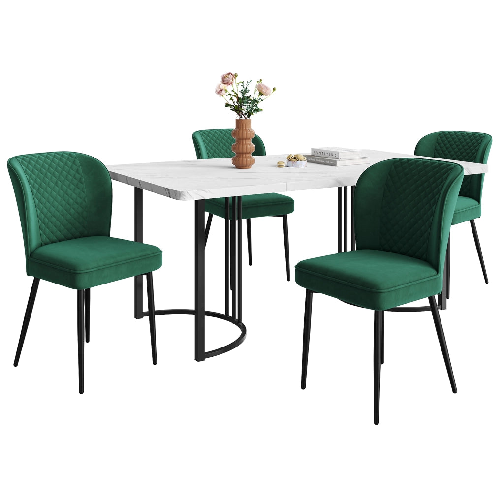 Set tavolo da pranzo con 4 sedie, schienale decorato, per cucina e sala da pranzo, in velluto e MDF, verde scuro