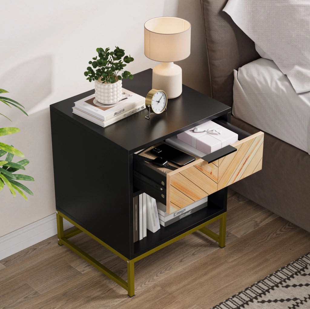 Comodino moderno in MDF nero e naturale con cassetto