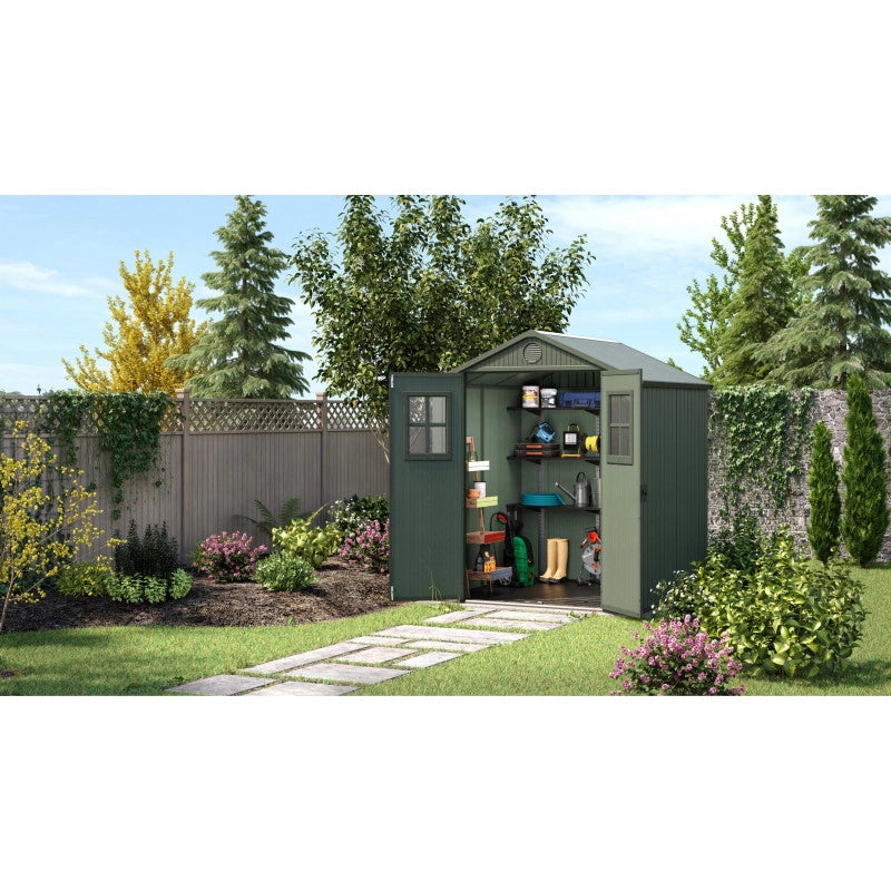 Casetta da giardino in resina EVOTECH+ effetto legno 190x183x221 cm - con pavimento rialzato e doppia porta - Verde – Keter