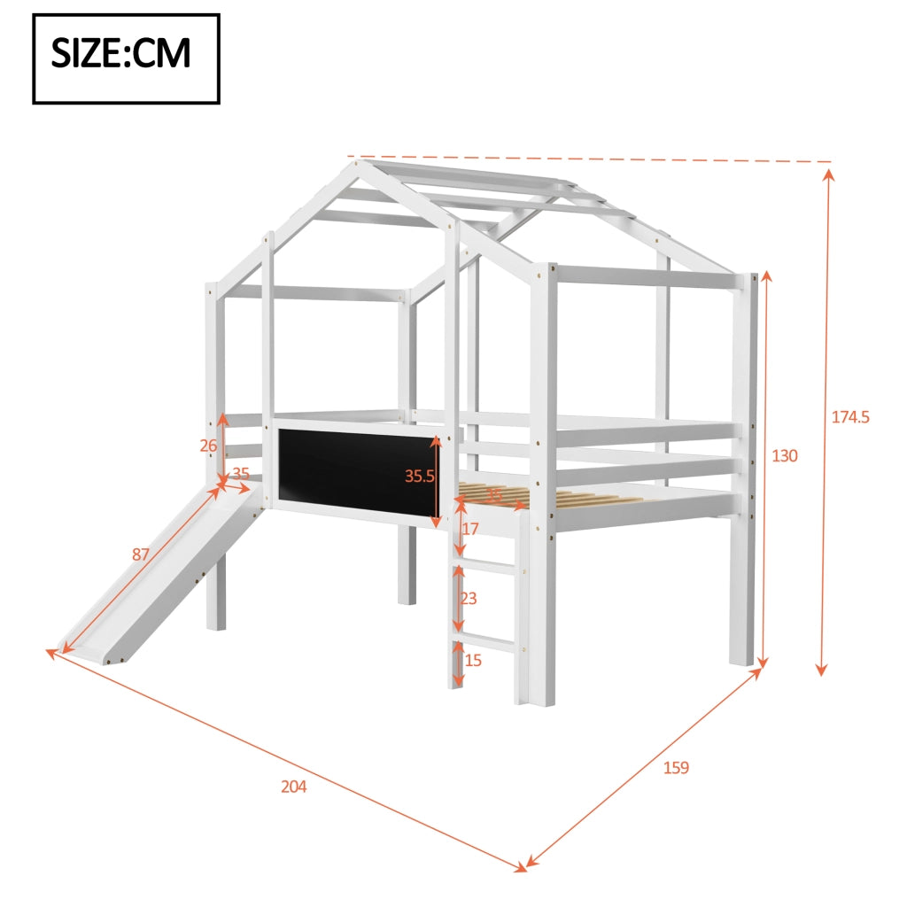 OKWISH Letto a Soppalco Bambini 90×200 cm, Letto Singolo con Scala di Sicurezza, Scivolo e Lavagna, senza Materasso, in Legno Massello, Bianco