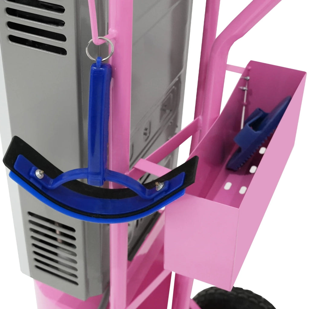 Doccia portatile per cavalli con carrello rosa, serbatoio 18L, tubo 10m.