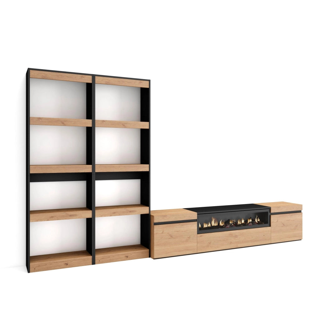 Mobile TV, Soggiorno, 320x35x186cm, Per TV fino a 80", Camino elettrico, colore Rovere e nero RF2602