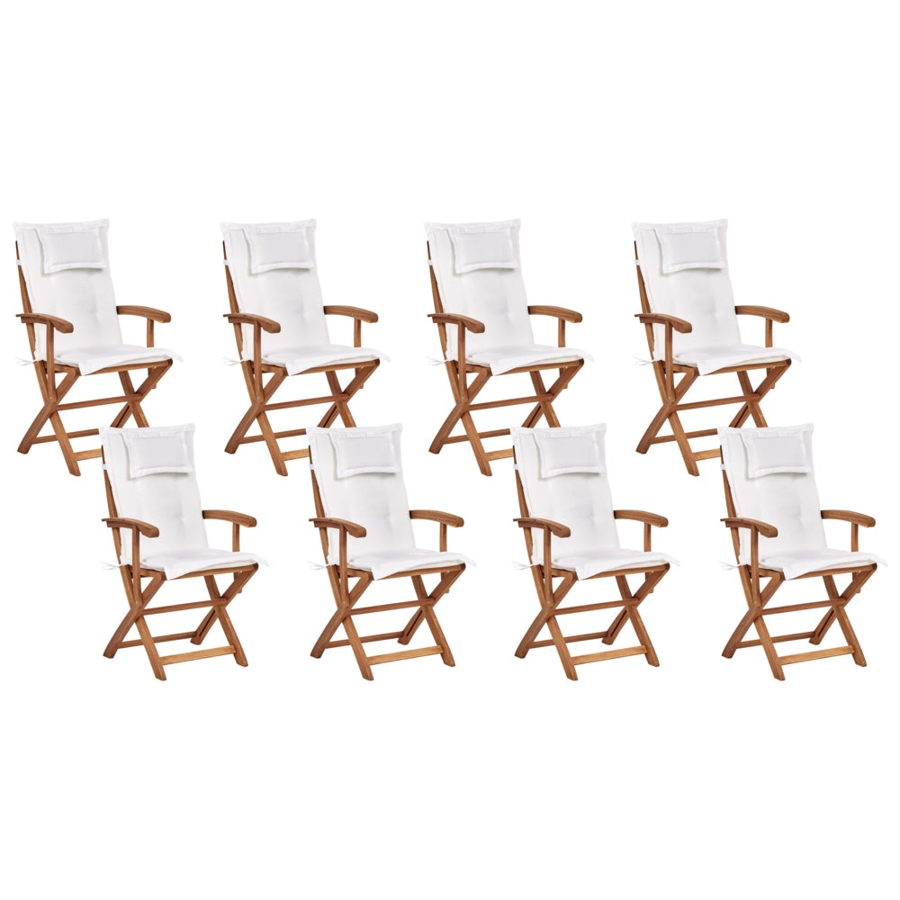 Set da pranzo per esterni in legno di acacia chiaro con cuscini bianco sporco tavolo a 8 posti sedie pieghevoli design rustico