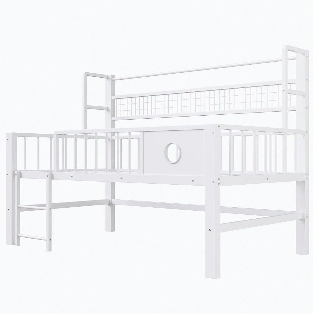 Letto a soppalco basso 90x200 cm bianco MDF e metallo con vano portaoggetti