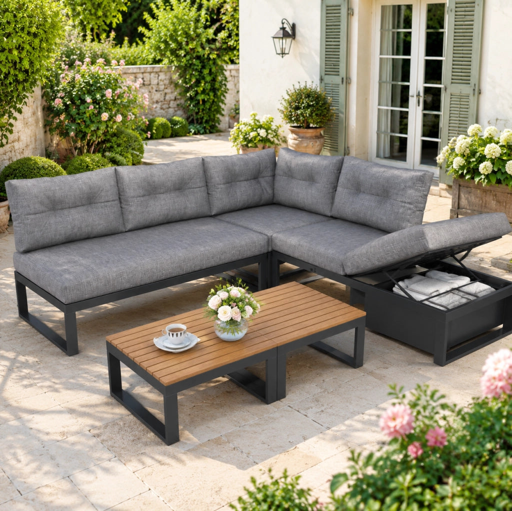 Set da giardino modulare grigio con schienale regolabile, contenitore e cuscini confortevoli