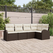Set Divano da Giardino di 5 Pezzi con Cuscini Marrone Rattan Poliestere