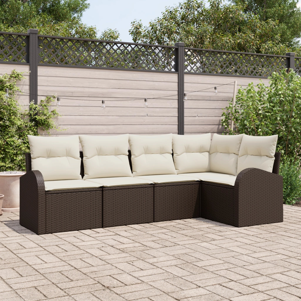 Set Divano da Giardino di 5 Pezzi con Cuscini Marrone Rattan Poliestere