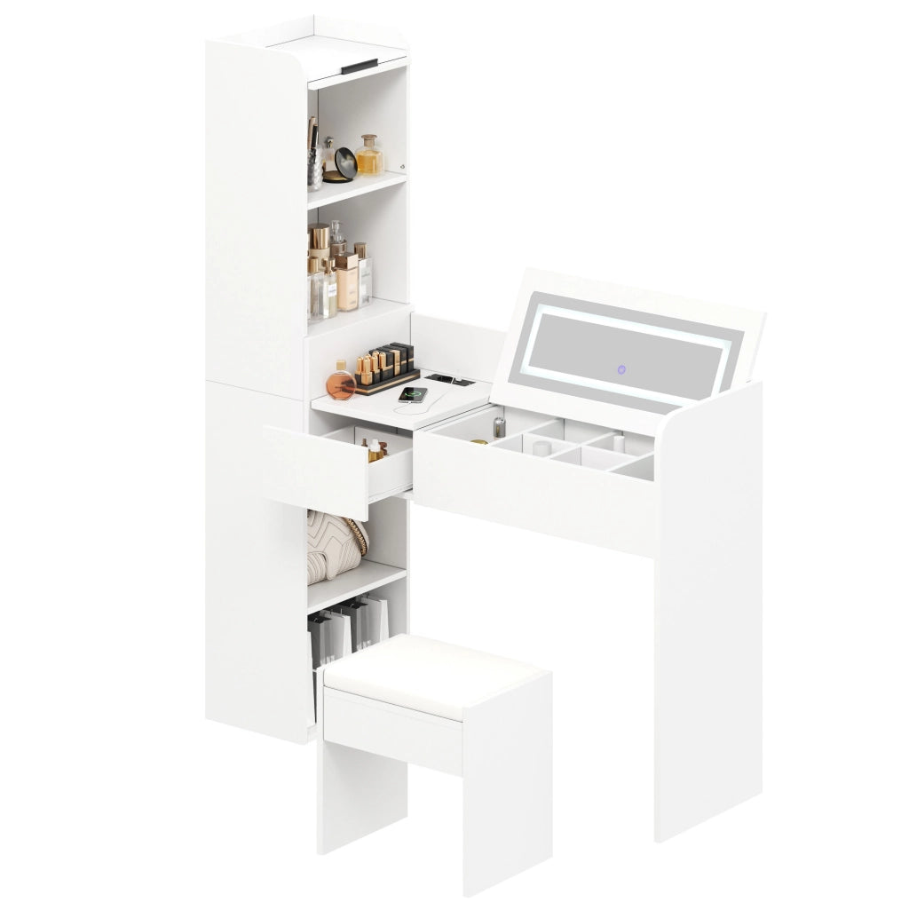Toeletta 131x40x160 cm con specchio LED, USB e sgabello in legno ingegnerizzato bianco