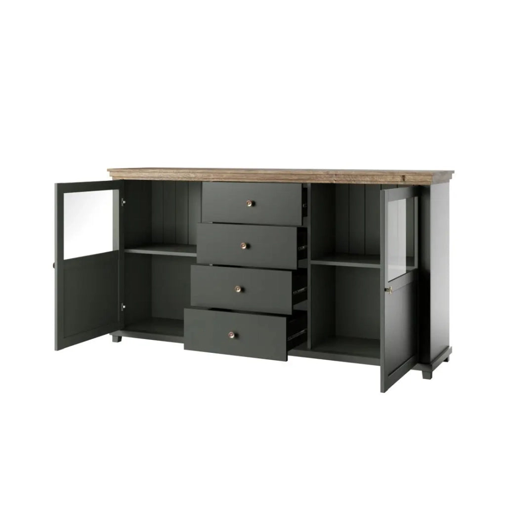 Credenza 180cm collezione ASSIA. Colori verde e rovere. 2 porte e 4 cassetti.