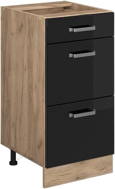 Mobiletto base per cucina R-Line, Nero lucido, 40 cm con cassetti, senza piano di lavoro, per la libera combinazione all'interno di sistemi cucina modulari