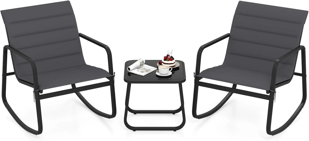Set Tavolino e Sedie da Giardino con Cuscino, Set di Mobili a Dondolo, Set Bistrò 3 Pezzi, Tavolino in Vetro Temperato, Sedie in Textilene, per Giardino Cortile Piscina (Modello 2)