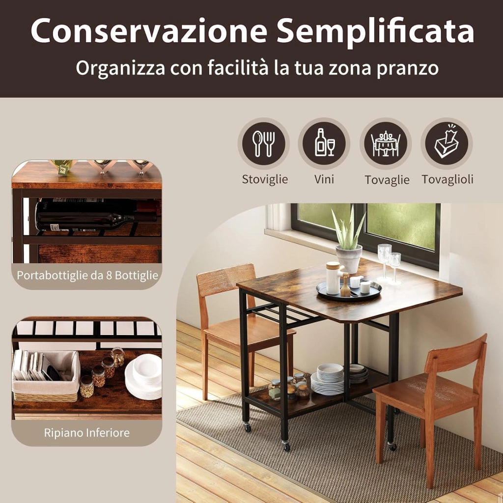 Tavolo da Pranzo per 2-4 Persone, Tavolo Pieghevole con Ampio Piano, Portabottiglie, Ripiano Portaoggetti e Ruote Bloccabili per Cucina, Sala da Pranzo e Soggiorno, 75 x 80 x 75 cm