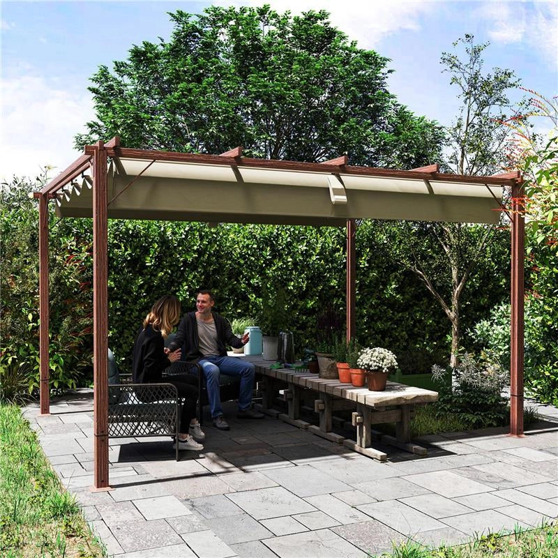 GAZEBO PERGOLA CON TETTO RETRATTILE PICCHETTI E VITI IN POLIESTERE E ALLUMINIO 382X300X232 CM COLOR LEGNO