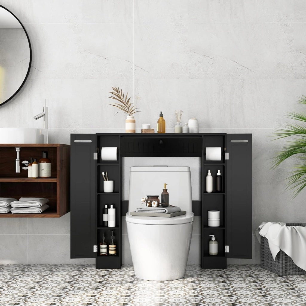Mobile per Lavatrice, Mobile sopra Toilette, Mobiletto Bagno sopra Toilette, Armadietto da Incasso, in Legno, con Anta, Bagno Salvaspazio, con Porta Carta Igienica (Nero)