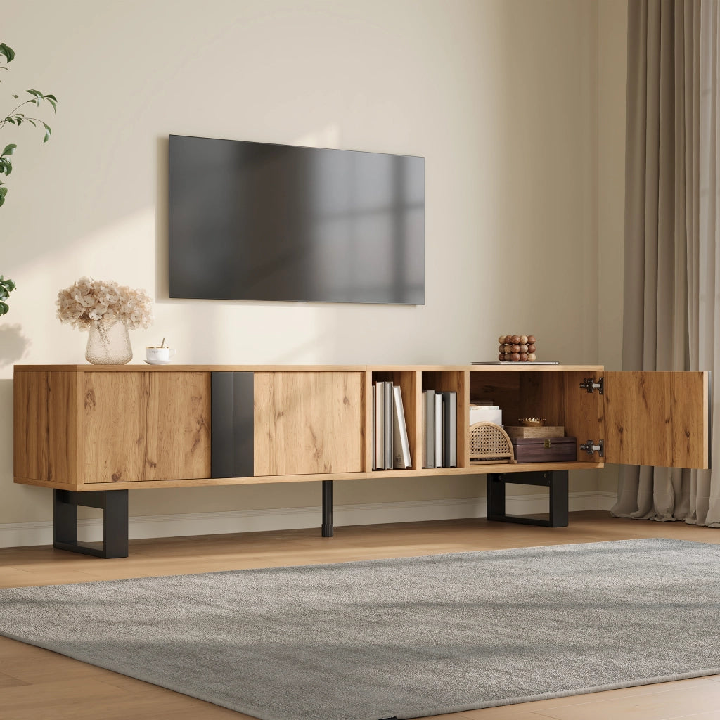 Mobile TV con 3 ante e 2 vani aperti; passacavi - per soggiorno - 160×40×50 cm - naturale
