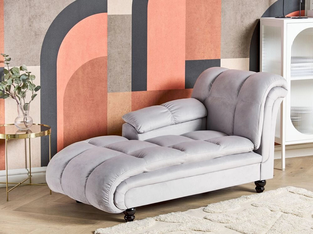 Chaise longue Velluto Grigio Destra Imbottitura Gambe Nere Design Moderno