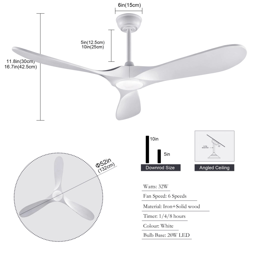 Ventilatore da soffitto 52 pollici con luce LED; 3 pale in legno massello bianco; telecomando