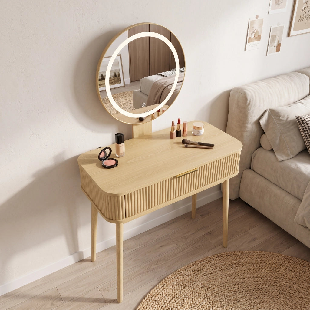 Toeletta con specchio rotondo e illuminazione LED a 3 modalità, cassetti capienti, colore rovere 80 × 40 × 133 cm