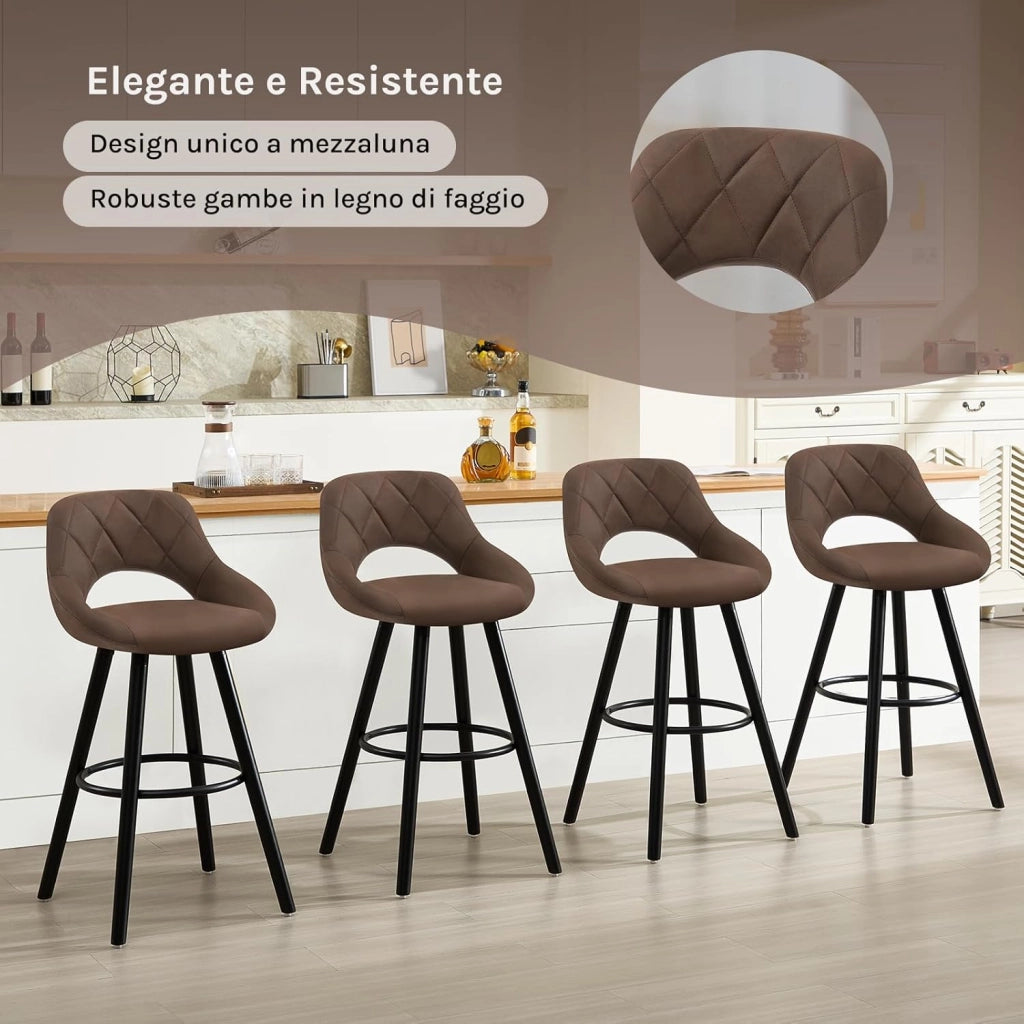 Sgabello da Cucina/Bar per Colazione, Sgabello Alto con Poggiapiedi e Schienale, Sedile in Tessuto Tecnico+Gambe in Legno, Marrone Scuro, BH291dbr-1