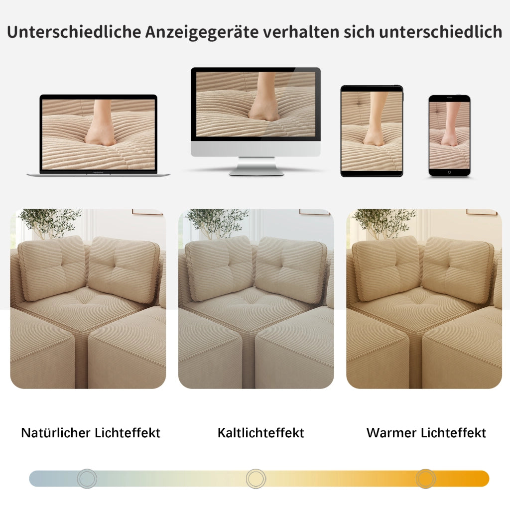 Divano angolare modulare senza telaio con seduta profonda e base antiscivolo in velluto a coste beige 295 × 295 × 69 cm