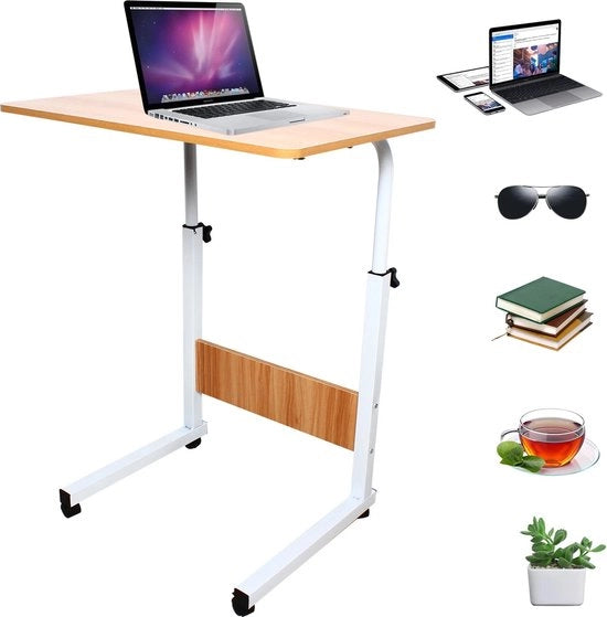 Tavolo Portatile per Laptop - Tavolo per Laptop con Ruote - Tavolo da Scrivania - Tavolo per Laptop da Appendere - Tavolo da Appendere per Laptop - Tavolo da Appendere con Ruote - Regolabile in Altezza 70-90cm - L60xL40 - Bianco/Legno