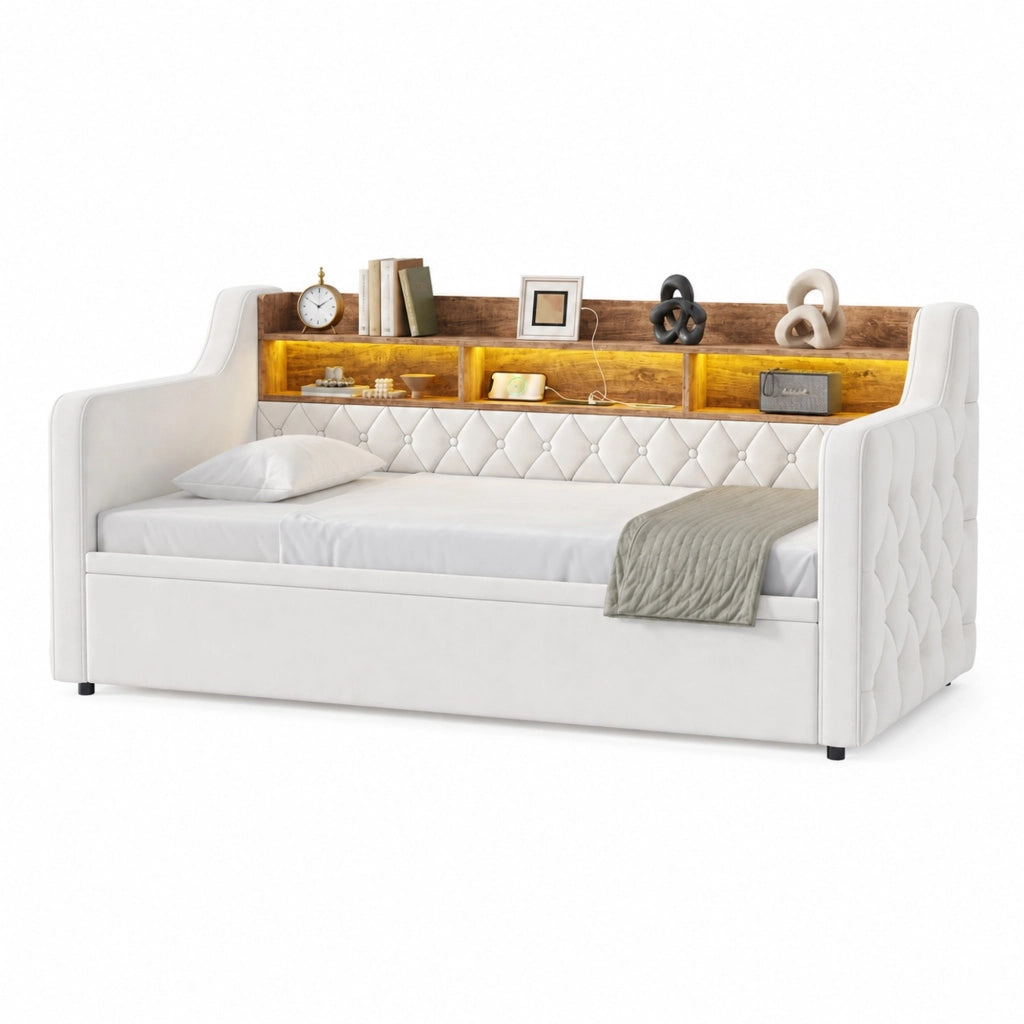 Divano letto estraibile 90x190 cm con LED, USB e USB-C in velluto beige