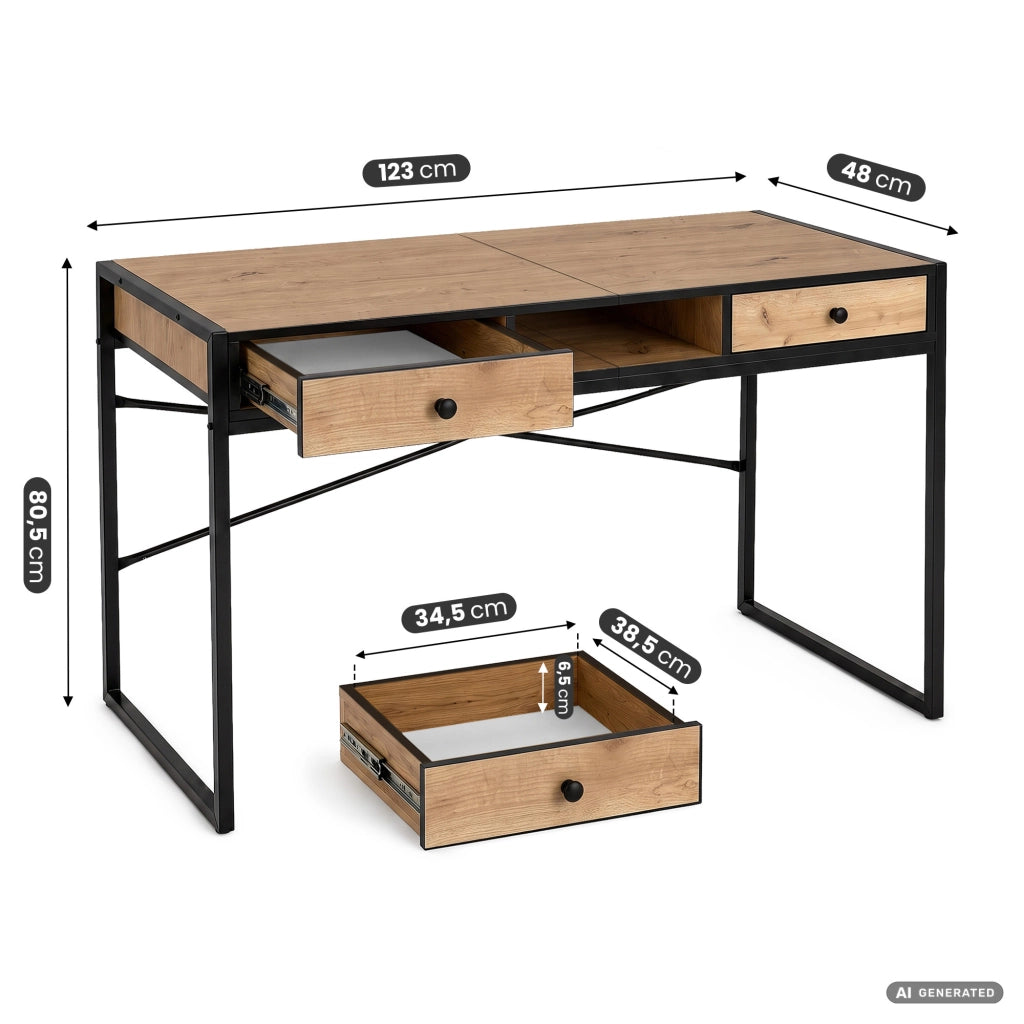 Scrivania industriale per computer Rovere Craft ELONIS 123 cm 2 cassetti 1 ripiano gambe nere