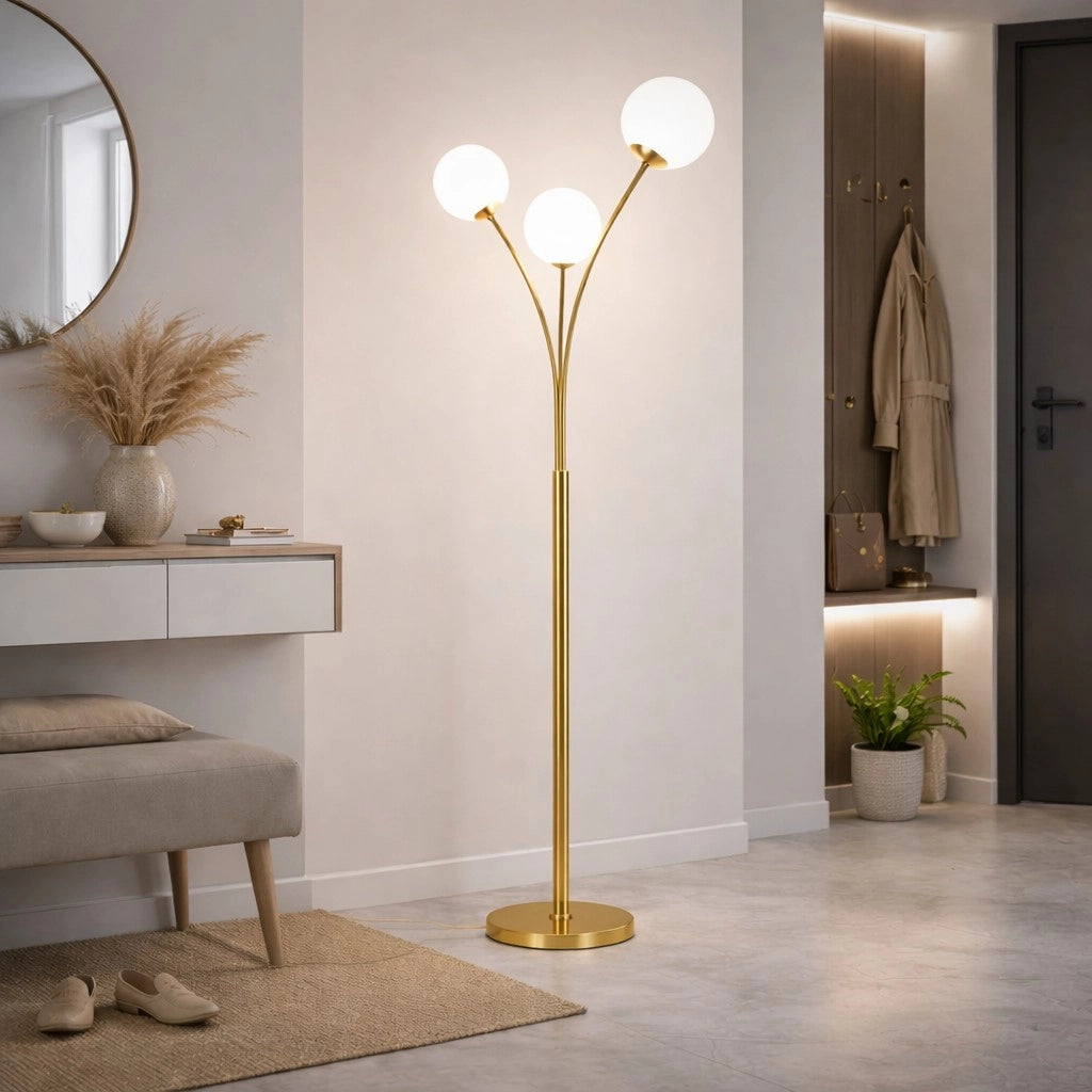 Lampada da Terra Moderna Oro con 3 Sfere in PVC bianco opaco Attacco G9, Piantana Design Elegante per Salotto Camera e Ufficio