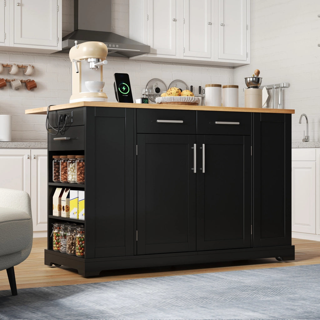 Carrello da cucina con piano ribaltabile; prese elettriche e vano rifiuti estraibile per cucina; nero; 138×86×92 cm