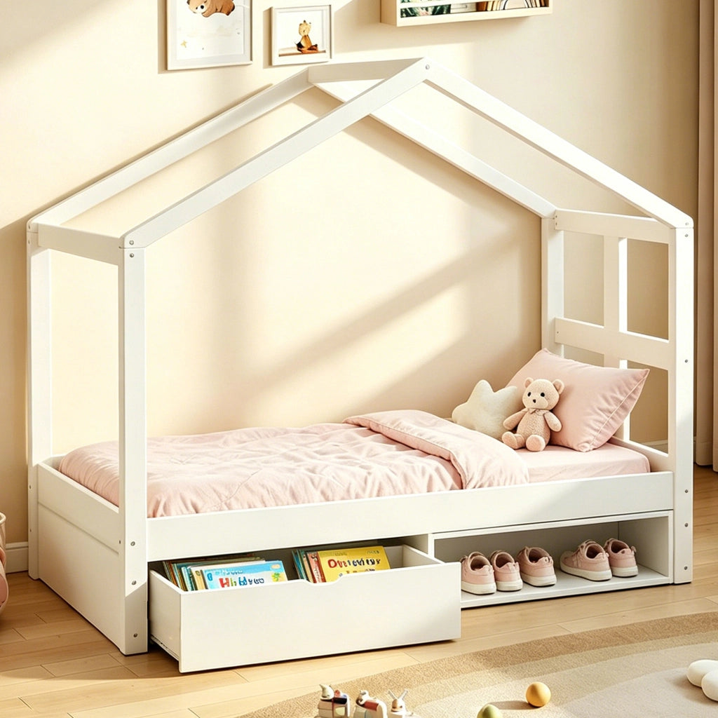 Letto singolo 90 × 190 cm con cassetto portaoggetti, mobile scarpe compatto, LED multicolore, senza materasso, bianco