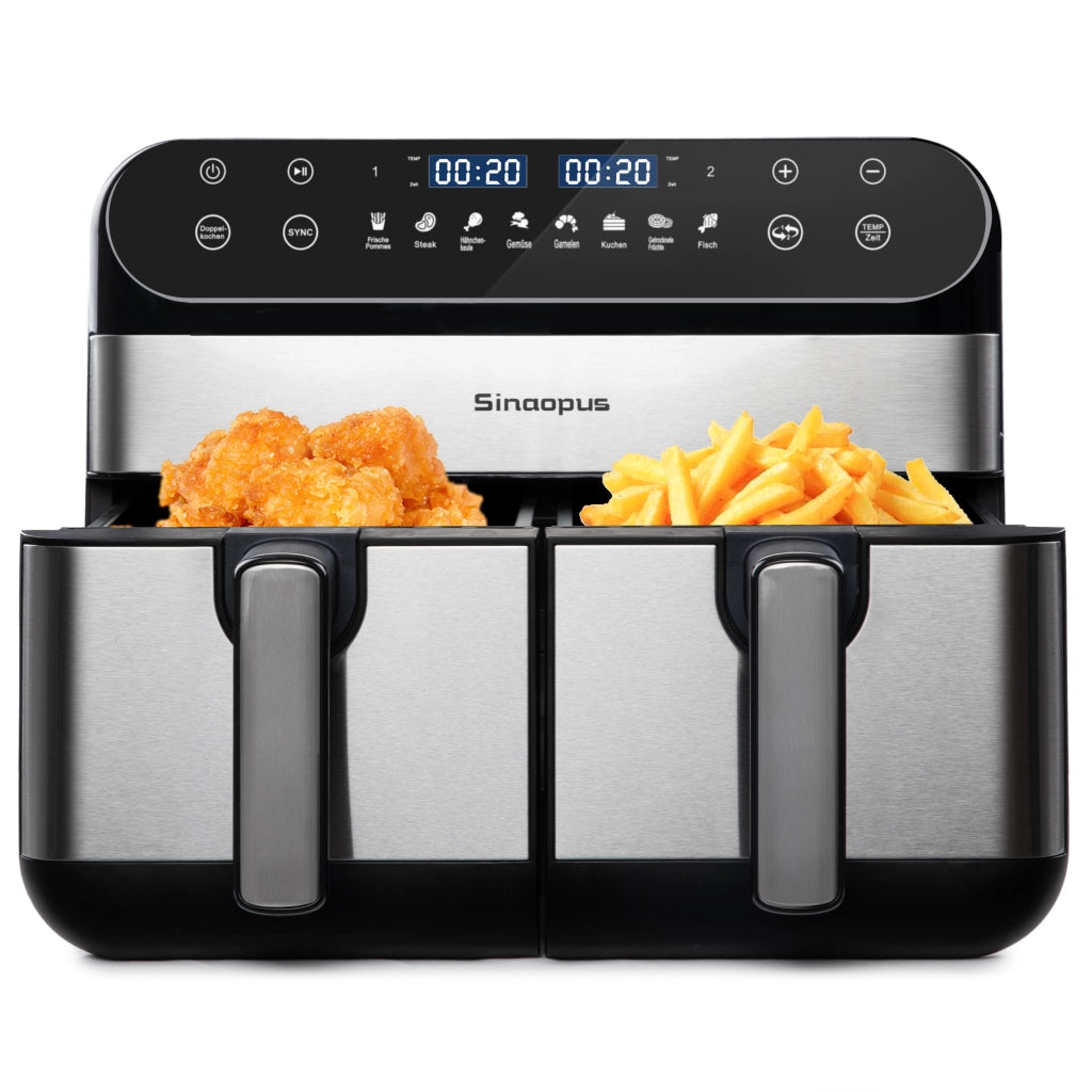 Friggitrice ad aria XXL da 10 litri con doppia zona, ideale per famiglie, con display touchscreen a LED, tempo e temperatura regolabili e 8 funzioni d