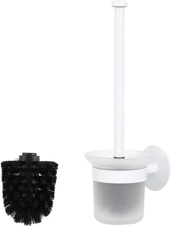 Spazzola per il water senza perforazioni, spazzola per il water con supporto in acciaio inossidabile e vetro, supporto per spazzola per il water, set di spazzole per il water per bagno e toilette, inclusa spazzola di riserva - bianco