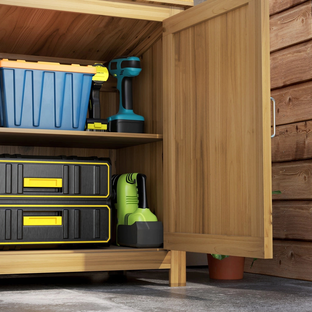 Armadio Porta Attrezzi da Esterno 110x50x85 cm con 2 Ante e Ripiani in Legno