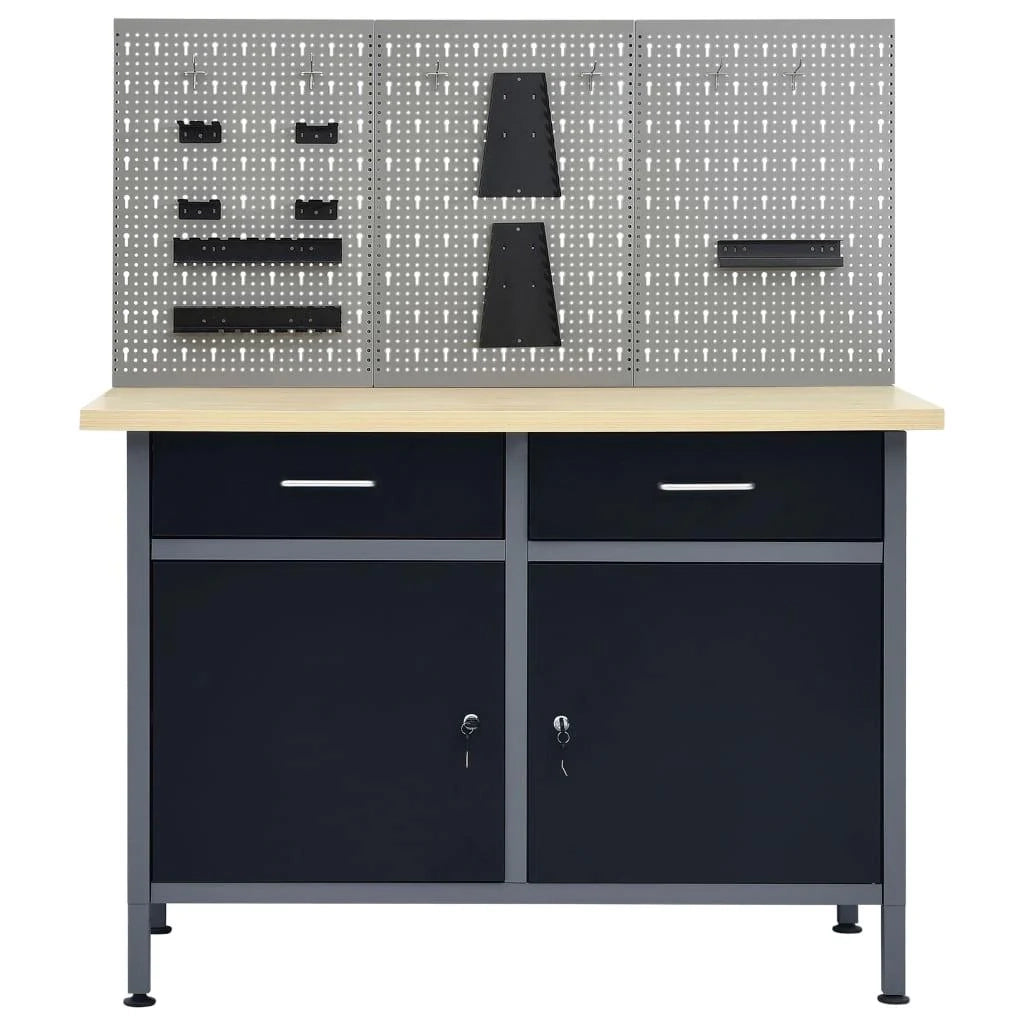 Banco da lavoro da 120 cm con 3 pannelli a parete e 1 mobiletto da officina tavolo da lavoro grigio/nero 02_0003658
