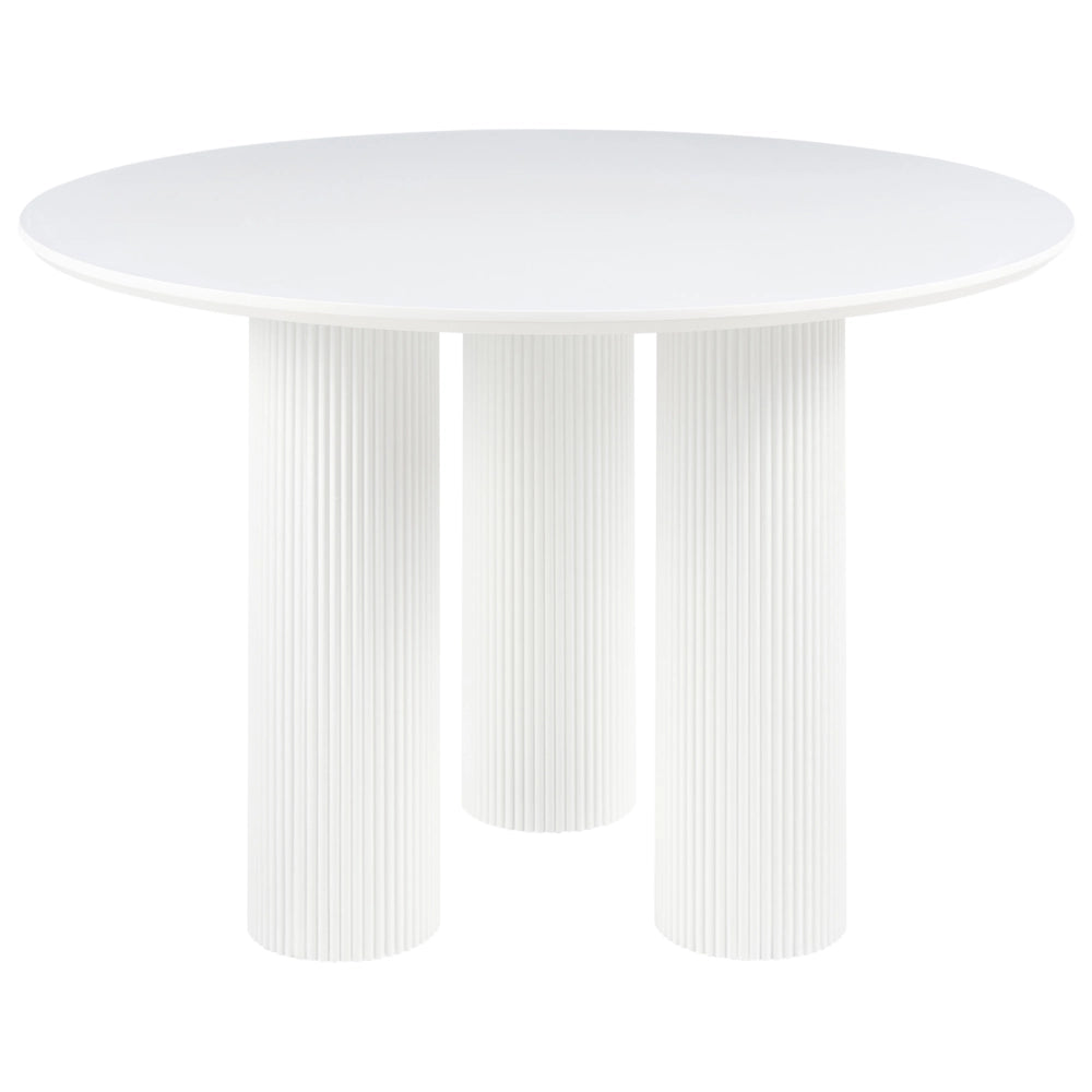 Tavolo da pranzo rotondo con gambe a colonna scanalate e a costine design minimalista MDF 120 cm bianco design minimalista
