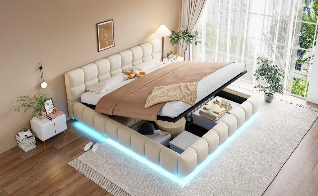 DESMIU Letto Contenitore 180 × 200 cm 2 posti con LED, apertura idraulica e senza materasso, in velluto beige