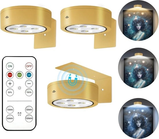 Lampada da Parete a LED Magnetica – 3 Modi – Batterie, Comando a Distanza, Dimmabile, Timer – 3 Pezzi – Lampada da Display Senza Fili (Giallo Oro)
