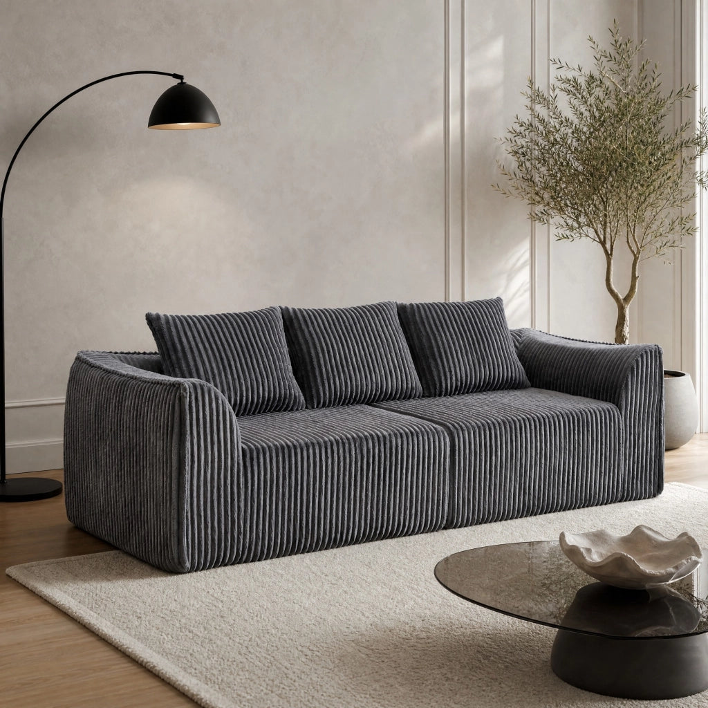 Divano Modulare in Corduroy con Seduta Extra Larga e Braccioli Curvi, in Corduroy Grigio 235 cm