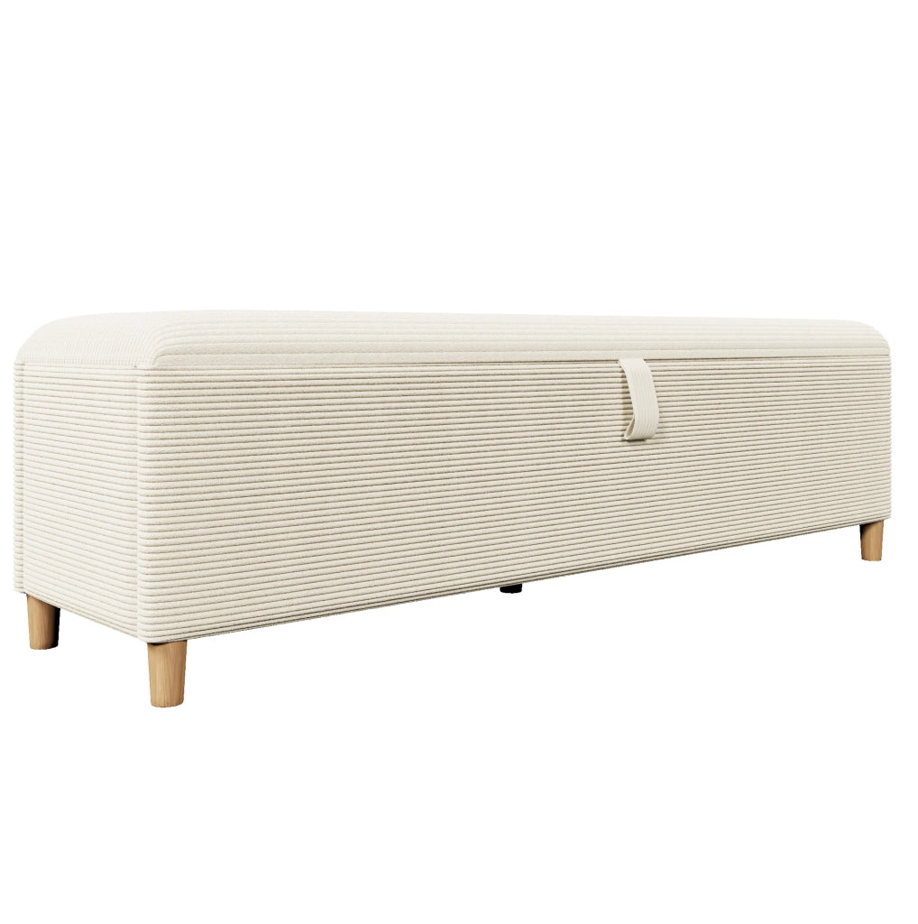 Panca da letto 165x38x46 cm con spazio contenitore idraulico in velluto a coste e legno beige