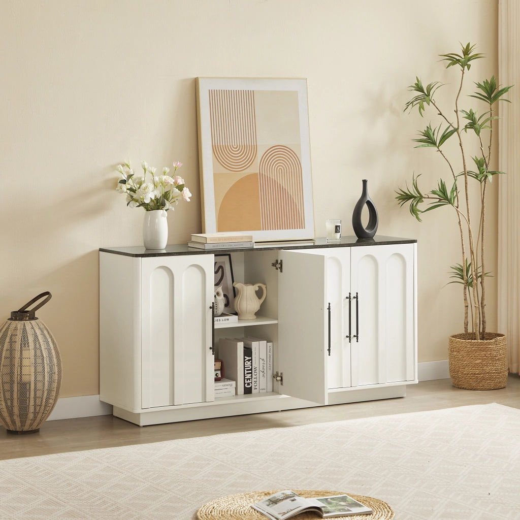 Credenza con 4 ante a chiusura ammortizzata e sistema antiribaltamento, in MDF, bianco e nero, 160 × 40 × 80 cm